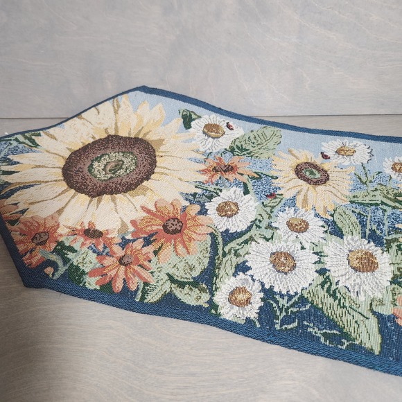 Tapestry Table Runner Sunflowers Daisies Blue Floral Accent Home Decor - Picture 2 of 8
